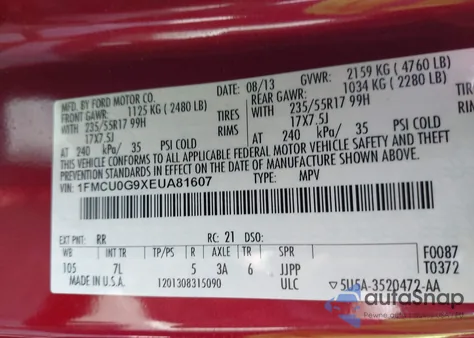 2014 Ford Escape Se из США, поврежденный, VIN 1FMCU0G9XEUA81607